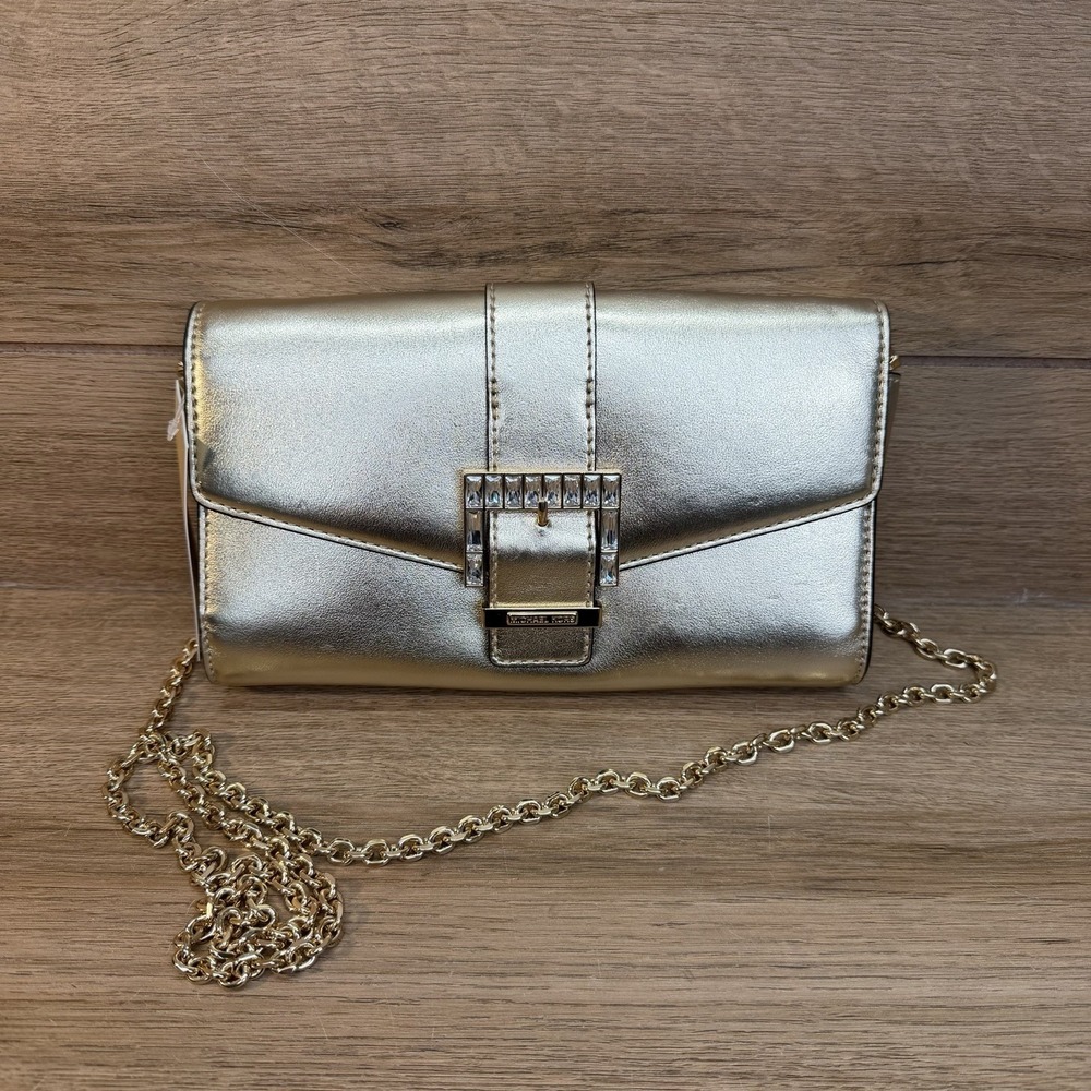 MICHAEL KORS PENELOPE GOLD METALLIC FAUX LEATHER CLUTCH CROSSBODY $258